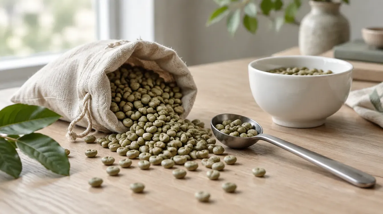 Des grains de café verts non torréfiés s'échappant d'un sac de toile à côté d'une cuillère et d'un bol de cupping