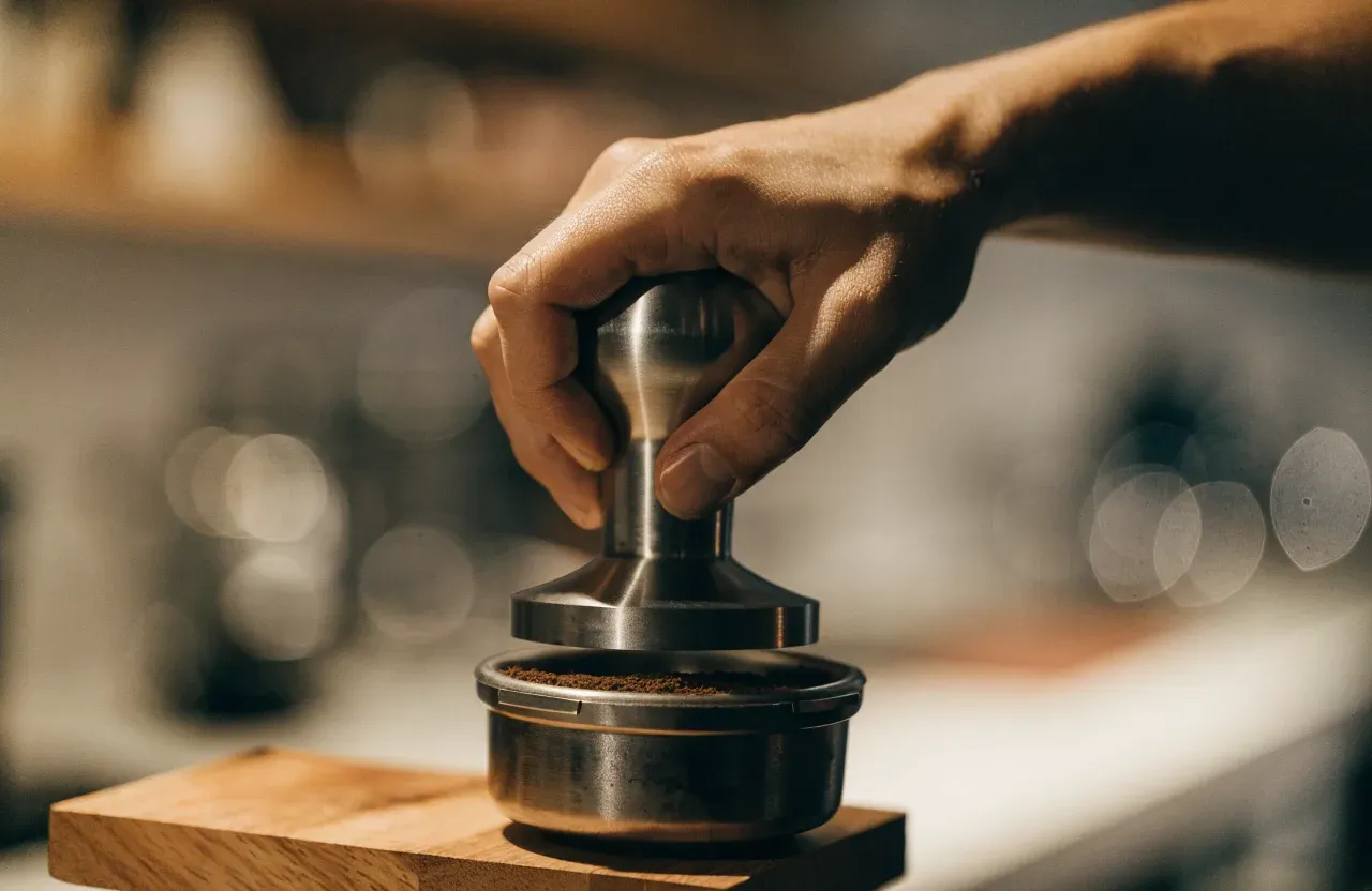 Une main pressant un tasseur plat en acier, bien à plat, dans un panier de porte-filtre posé sur un plan de travail en bois