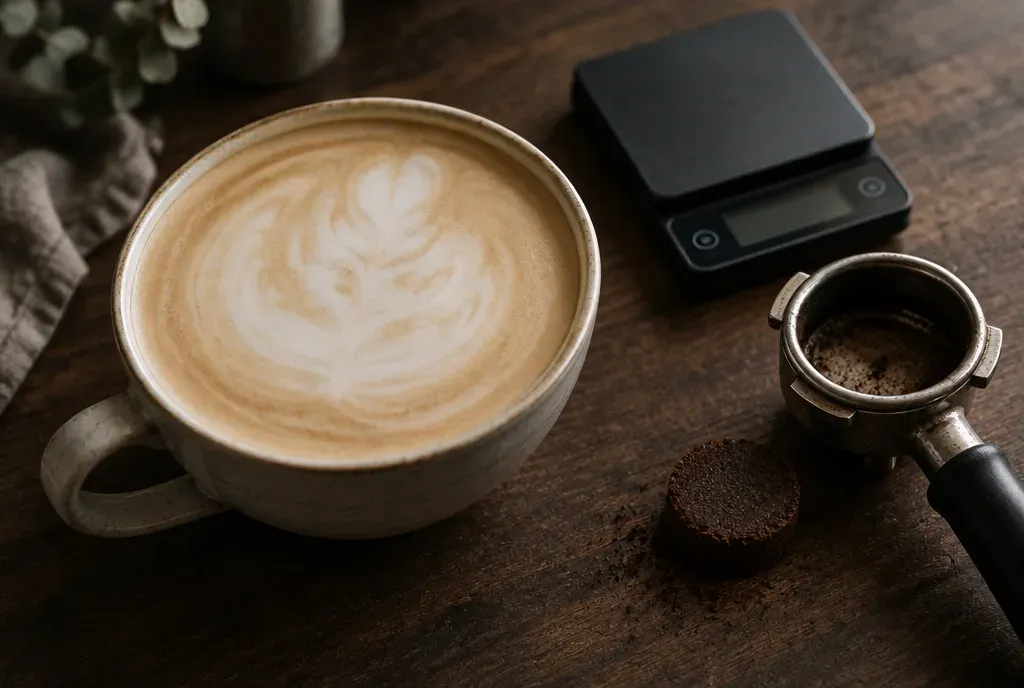 Un latte dans une tasse surdimensionnée vu de dessus, à côté d'une balance et d'un porte-filtre