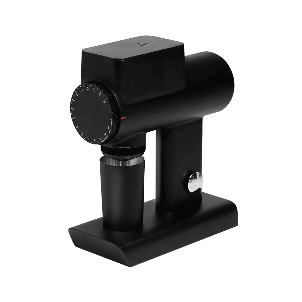 Timemore Sculptor 064S electric grinder in matte black, seen at a three-quarter angle with its catch cup in place