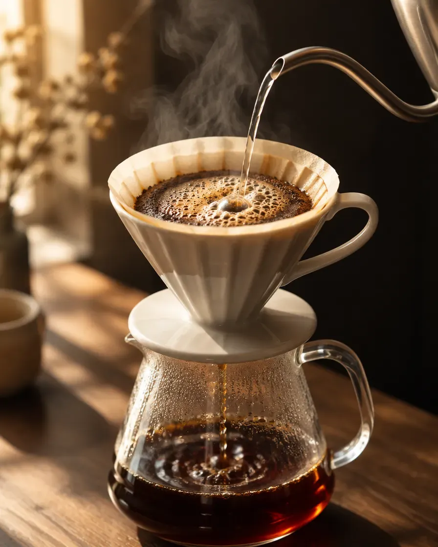 Un cône V60 en céramique pendant un versement, le lit de café en pleine expansion