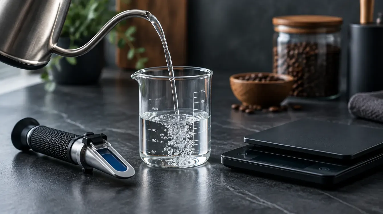 De l'eau versée d'une bouilloire à col de cygne à côté d'un réfractomètre et d'une balance numérique