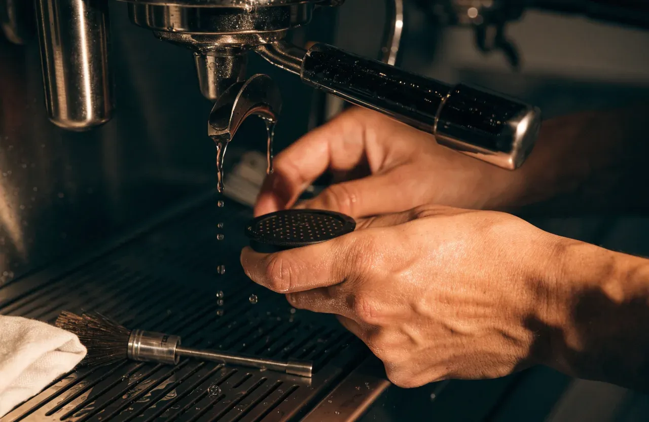 Un porte-filtre, un panier aveugle, une brosse de groupe et une douchette posés à côté d'une machine espresso pendant le nettoyage