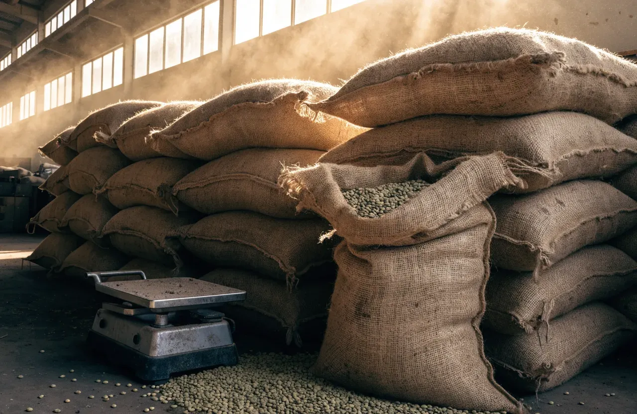 Un paquet de café posé sur un bureau à côté d'un graphique de cours imprimé et d'un sac de jute marqué au pochoir d'un numéro de lot