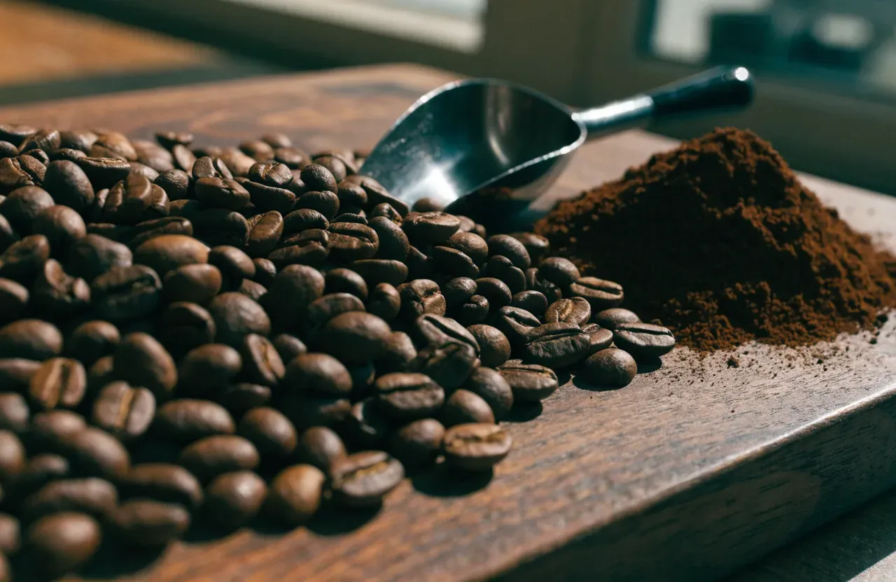 Un tas de grains de café torréfiés entiers à côté d'un tas équivalent de mouture fraîche sur une ardoise sombre